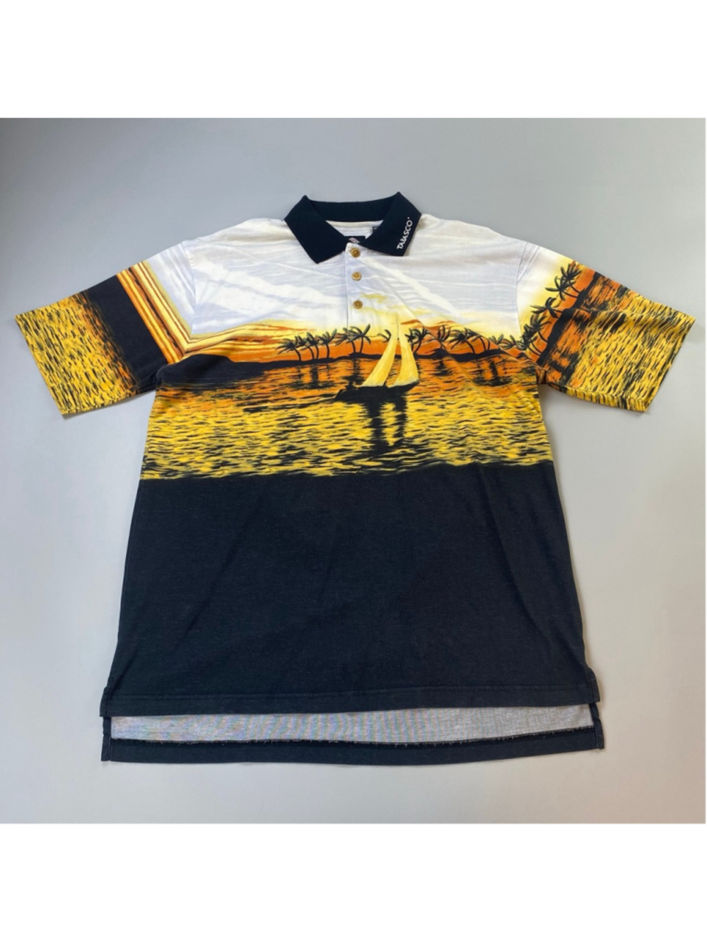 Tabasco Polo Shirt Mens Large Vintage Allover Graphic Sunset Sailboat Maximal